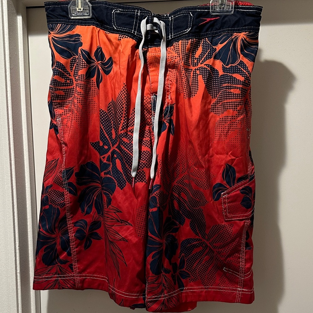 Men's Speedo Red and Orange Swim Trunks with Navy Accents